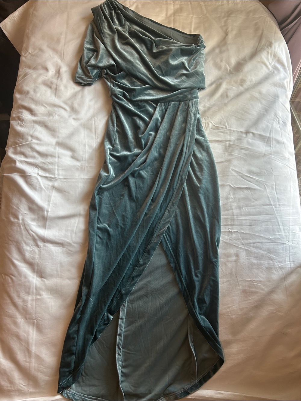 One-Shoulder Velvet Draped Maxi Dress in Teal
